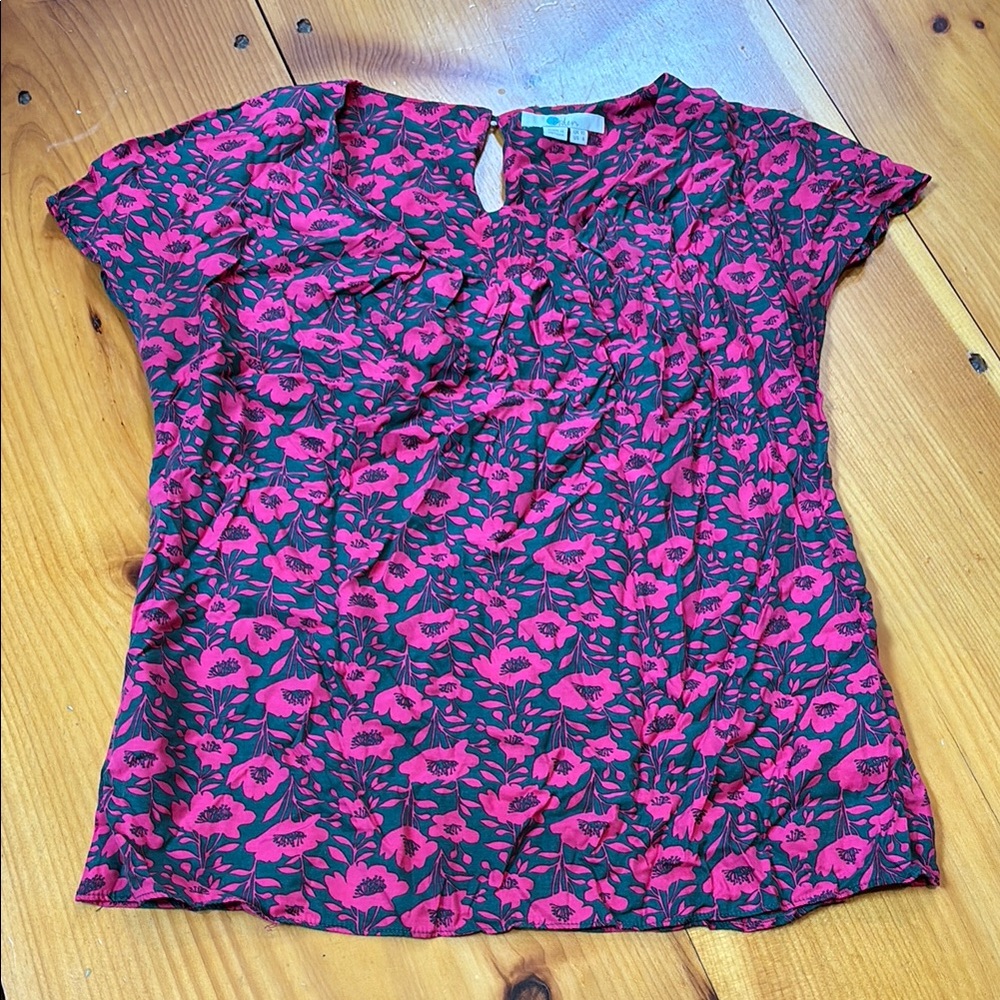BODEN 6 Ravello V-Neck Silk Blend Pleated Short Sleeve Top Pink/Green